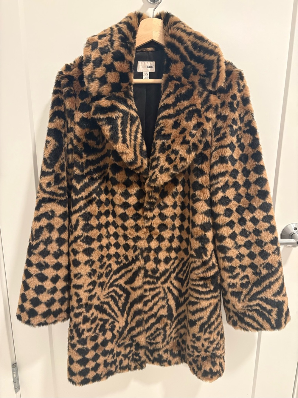 Society Amuse Faux Fur Animal-Print Coat - Black & Tan
